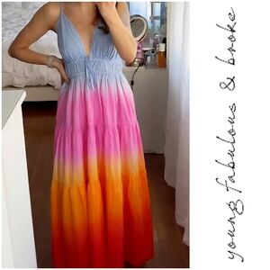 NWT, Young Fabulous & Broke, V Neck Tie Front Gradient Maxi Dress Ombre Rainbow